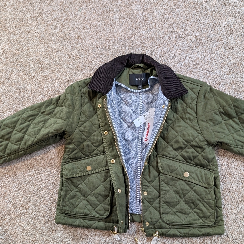Brand new J.Crew quilted olive green barn jacket with corduroy collar XS